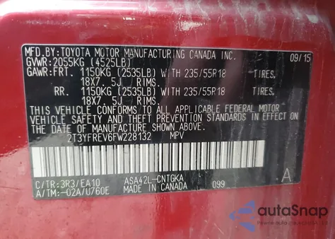 2015 Toyota Rav4 Limited z USA, uszkodzony, nr VIN 2T3YFREV6FW228132